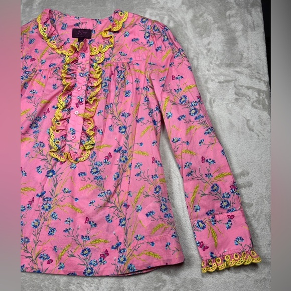 J. Crew X Liberty Pink Poplin Floral Butterfly Ruffle Long Sleeve Blouse Size XS - Picture 6 of 16